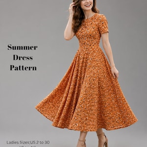 May include: A midi-length orange dress with a small white and black speckled pattern, short sleeves, and a round neckline. Text reads: DERYA PATTERN, Summer Dress Pattern, Ladies Sizes; US 2 to 30, XS to 4XL, Suitable for; A4-US Letter.