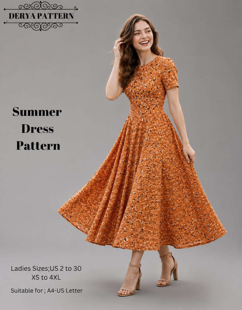 May include: A midi-length orange dress with a small white and black speckled pattern, short sleeves, and a round neckline. Text reads: DERYA PATTERN, Summer Dress Pattern, Ladies Sizes; US 2 to 30, XS to 4XL, Suitable for; A4-US Letter.