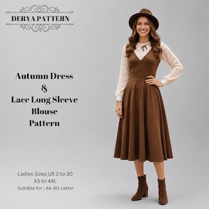 Puede incluir: Un vestido marrón sin mangas sobre una blusa blanca de encaje de manga larga con cuello de lazo. El texto dice DERYA PATTERN, Autumn Dress & Lace Long Sleeve Blouse Pattern, Ladies Sizes; US 2 to 30, XS to 4XL, Suitable for; A4-A0-Letter.