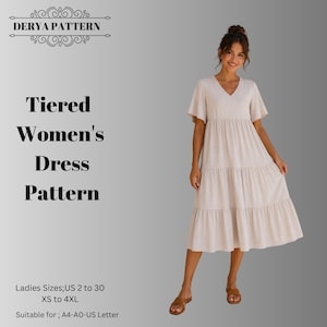 Peut inclure: Une robe mi-longue beige à étages avec des manches courtes évasées et un col en V. Le texte sur l'image indique : DERYA PATTERN, Tiered Women's Dress Pattern, Ladies Sizes; US 2 to 30, XS to 4XL, Suitable for; A4-A0-US Letter.