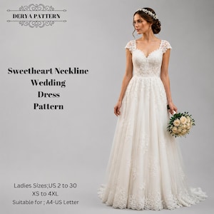 Molde para Vestido de Noiva com Decote Coração, Molde para Vestido Feminino, Vestido de Noiva, Tamanhos: EUA 2-30 (A0-A4-US Letter)