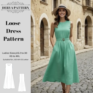 Pocketed Linen Dress,Women Dress Patterns,Summer Style,Casual,Loose/Fantasy,Size:US2-30 (A0-A4-USLETTER)