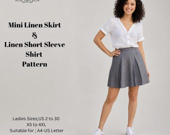 May include: A white short-sleeve button-down shirt and a grey mini skirt. Text reads: DERYA PATTERN, Mini Linen Skirt & Linen Short Sleeve Shirt Pattern, Ladies Sizes; US 2 to 30, XS to 4XL, Suitable for; A4-US Letter, Note: It was inspired by the visual.