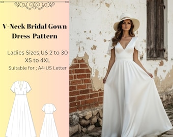 V-Neck Bridal Gown Sewing Pattern,Women Dress Patterns,Wedding Guest, Fall DressesSize:US2-30 (A0-A4-USLETTER)