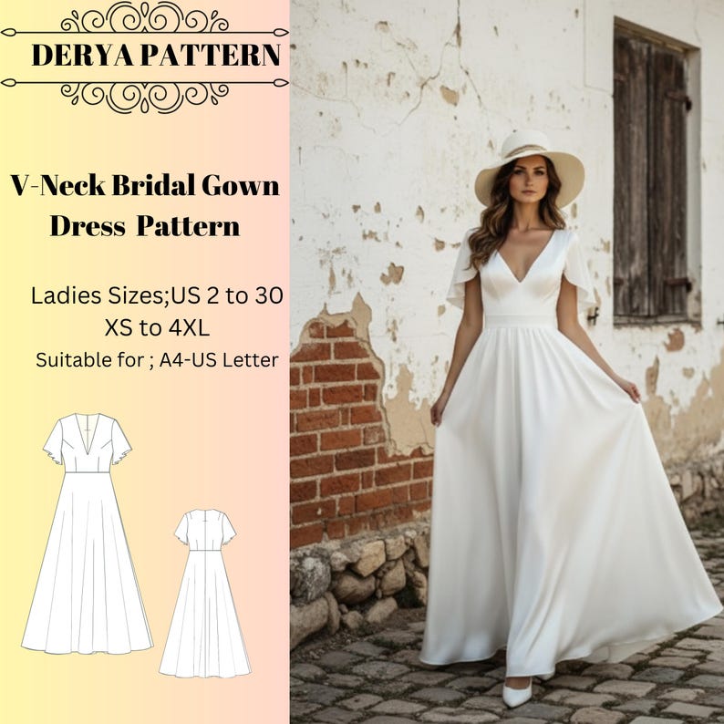 V-Neck Bridal Gown Sewing Pattern,Women Dress Patterns,Wedding Guest, Fall DressesSize:US2-30 (A0-A4-USLETTER) image 1