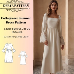 Cottagecore Dress Sewing Pattern: Summer Prom, Wedding, Evening, (A0 A4 US Letter) (PDF Pattern)