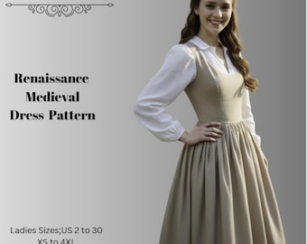 Renaissance Dress & Corset Sewing Pattern, Medieval Cosplay Size:US2-30 (A0-A4-USLETTER)