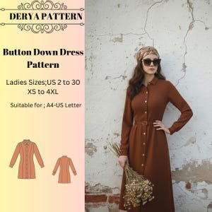 Patrón de vestido abotonado, patrón de costura, patrones fáciles para vestidos de mujer, tallas: US2-30 (A0-A4-USLETTER)