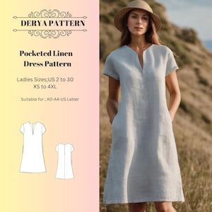 Patrón de vestido de lino con bolsillos, patrón de vestido de lino de verano, vestido de fantasía, patrón de vestido de primavera, patrón de vestido de mujer, tamaño A0 A4 Carta de EE. UU. - EE. UU. 2 a 30