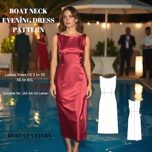 Boat Neck Evening Dress Pattern,Satin Dress Pattern, Evening Gown, Ball Gown, Prom Dress,Boho Dress Pattern,A0 A4 US Letter US2 to 30