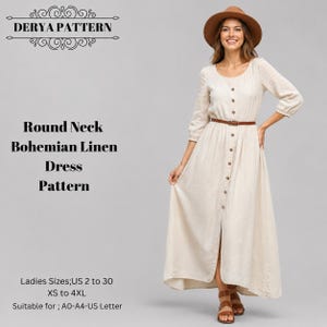 Bohemian Linen Dress Pattern,Women Dress Patterns,Round Neck Ethnic,Tunik , Size:US2-30 (A0-A4-USLETTER)