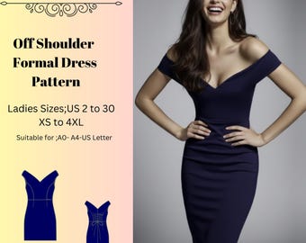 Patrón de costura para vestido con hombros descubiertos, patrones de vestidos para mujer, vestido de gala formal, boda. Tallas: US2-30 (A0-A4-USLETTER).