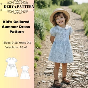 Girl's Collared Summer Dress Sewing Pattern,Kids Dress Patterns,Sun Dresses,Sizes 2-16 (A4-A0)