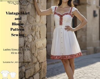 Vintage Skirt and Blouse Sewing Pattern,Women Dress Patterns,Renaissance Dresses,Size:US2-30 (A0-A4-USLETTER)