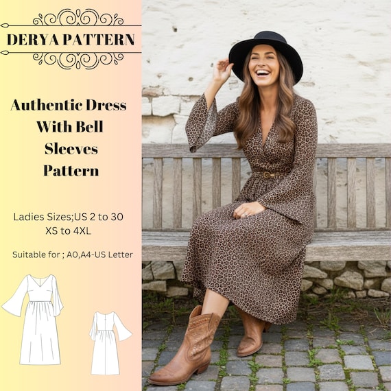 Bell Sleeve Dress Sewing Pattern,women Dress Patterns,authentic,regency,summer Dressessize:us2-30 (A0-A4-USLETTER) - Etsy Bell Sleeve Dress Sewing Pattern,women Dress Patterns,authentic,regency,summer Dressessize:us2-30 (A0-A4-USLETTER) - Etsy