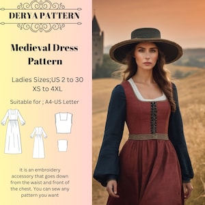 Patrón de vestido medieval y top corto, hada, regencia, vestido élfico, vestido largo, disfraz de Halloween, tamaño A0 A4 Carta de EE. UU. - EE. UU. 2 a 30'