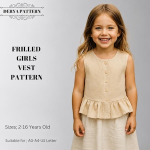 Ruffled Girl's Vest Sewing Pattern,Kids Blouse,Crop Top,Summer TankYears:US2/16 (A0-A4-USLETTER)