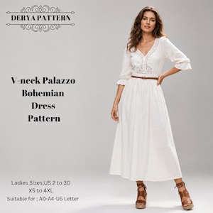 Könnte beinhalten: Ein weißes Midikleid mit Dreiviertelärmeln, einem V-Ausschnitt mit Spitzenbesatz und einem braunen Gürtel in der Taille. Der Text DERYA PATTERN, V-neck Palazzo Bohemian Dress Pattern und Ladies Sizes; US 2 to 30 XS to 4XL ist sichtbar.