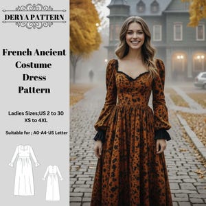 French Costume Dress Sewing Pattern,Women Dress Patterns,Halloween Dresses,Party,Size:US2-30 (A0-A4-USLETTER)