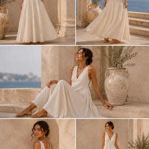 May include: A floor-length, sleeveless off-white dress featuring a deep V-neckline, a fitted bodice, and a flowing, full-length skirt. The garment is constructed with a simple, clean design, showcasing a solid light color and a flared silhouette.