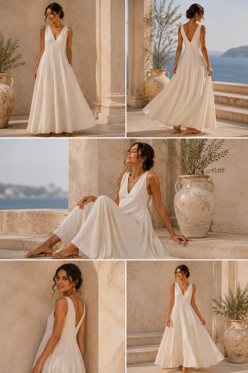 May include: A floor-length, sleeveless off-white dress featuring a deep V-neckline, a fitted bodice, and a flowing, full-length skirt. The garment is constructed with a simple, clean design, showcasing a solid light color and a flared silhouette.