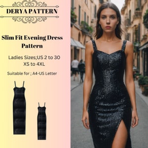 Vestido de noche ajustado, vestido de noche, vestido de gala, vestido de fiesta, vestido de aniversario, vestido de San Valentín (tamaño A0, A4, carta de EE. UU., talla 2 a 30 de EE. UU.)