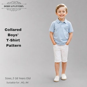 Puede incluir: Un patrón de costura para camisa con cuello etiquetado DERYA PATTERN, Collared Boys' T-Shirt Pattern, Sizes; 2-16 Years Old, Suitable for; A0, A4. La imagen muestra un polo azul claro con un bolsillo en el pecho y pantalones cortos blancos.
