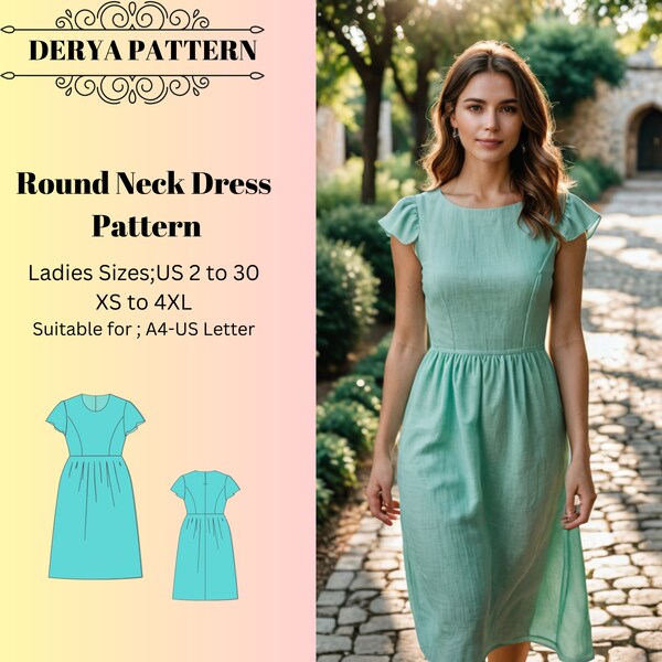 Round Neck Dress Pattern, Summer Linen Dress Pattern,Spring Dress Pattern,Women Dress Pattern , A0 A4 US Letter-US 2 to 30