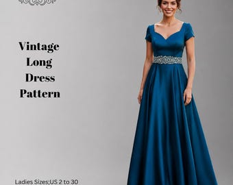 Vintage Long Dress Pattern,Women Dress Patterns,Prom/cocktail/ Fairy,Halloween, Size:US2-30 (A0-A4-USLETTER)