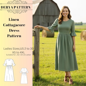 Linen Cottagecore Dress Sewing Pattern,Medieval Cosplay,Women Dress Patterns Size:US2-30 (A0-A4-USLETTER)