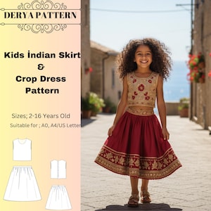 Patrón de costura para falda y vestido corto de estilo indio para niñas, patrones de vestidos de verano, años: US2/16 (A0-A4-USLETTER)