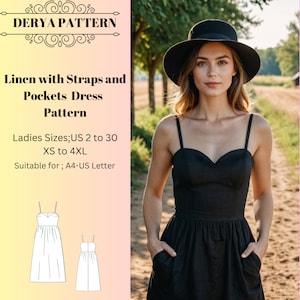 Patrón de vestido de lino con tirantes y bolsillos, patrón de vestido de lino de verano, patrón de vestido de primavera, vestido de mujer, tamaño A0 A4 Carta de EE. UU. - EE. UU. 2 a 30