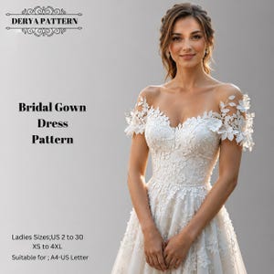 Pode incluir: Um molde de vestido de noiva branco da Derya Pattern com decote ombro a ombro e aplicações de renda floral. O texto diz Derya Pattern, Bridal Gown Dress Pattern, Ladies Sizes US 2 to 30, XS to 4XL, Suitable for A4-US Letter.
