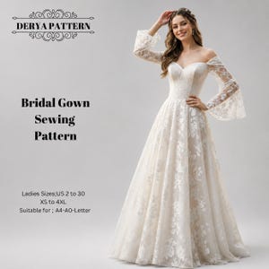 Op de afbeelding: Een Derya Pattern bruidsjurk naaipatroon met een vloerlange jurk met lange kanten mouwen, een hartvormige halslijn en een volle rok. De tekst bevat Bridal Gown Sewing Pattern, damesmaten US 2 tot 30, XS tot 4XL en A4-A0-Letter.