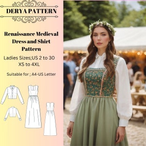 Renaissance Medieval Dress and Shirt Pattern ,Fairy,Regency,Elvish dress,Maxi Dress,Halloween costume , A0 A4 US Letter-US 2 to 30'