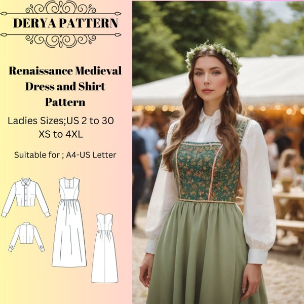 Renaissance Medieval Dress and Shirt Pattern ,Fairy,Regency,Elvish dress,Maxi Dress,Halloween costume , A0 A4 US Letter-US 2 to 30'