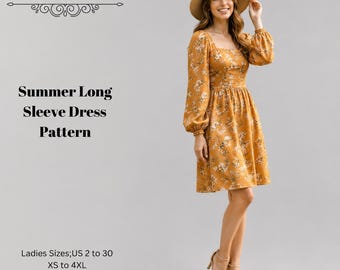 Summer Long Sleeve Dress Sewing Pattern WomenDress Patterns Knee Length ,Size:US2-30 (A0-A4-USLETTER)