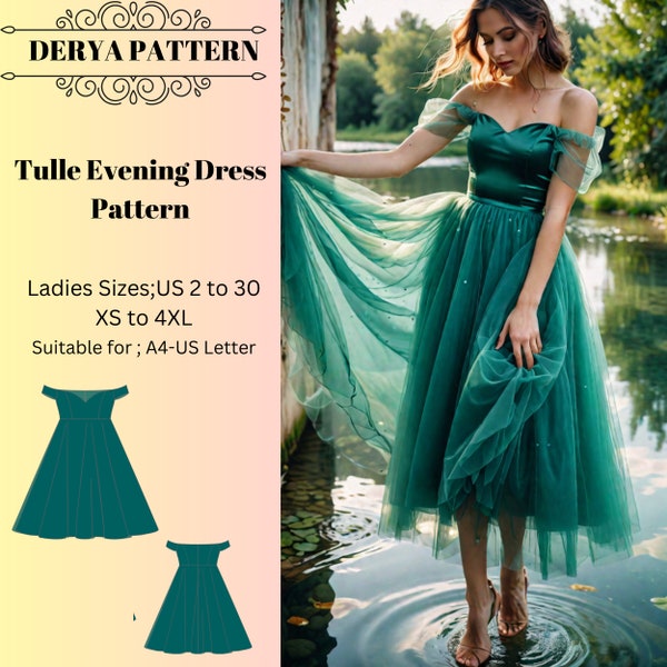 Tulle Evening Dress Pattern,Prom Dress Pattern,Evening Gown, Ball Gown, Anniversary Dress, Valentine's Day Dress A0 A4 US Letter-US 2 to 30'