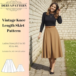 Patrón de costura de falda vintage hasta la rodilla, patrones de vestidos para mujer, tallas: US2-30 (A0-A4-USLETTER)