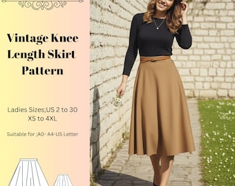 Vintage Knee Length Skirt Sewing Pattern,Women Dress Patterns,Size:US2-30 (A0-A4-USLETTER)