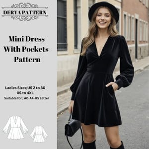Patron de mini robe à col en V, robe femme, robes trapèze à manches longues, taille : US2-30 (A0-A4-USLETTER)