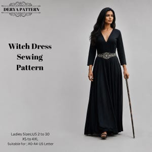 Könnte beinhalten: Ein bodenlanges schwarzes Kleid mit langen Ärmeln, V-Ausschnitt und einem dekorativen Taillengürtel mit sternförmigem Emblem. Text: DERYA PATTERN, Witch Dress Sewing Pattern, Ladies Sizes; US 2 to 30, XS to 4XL, Suitable for; A0-A4-US Letter.