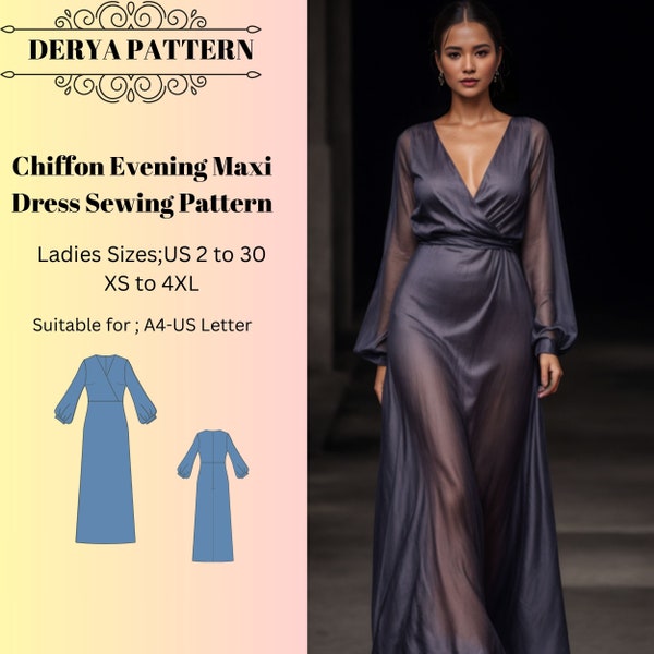 Chiffon Evening Maxi Dress Sewing Pattern, Maxi Circle Dress Pattern, Evening Gown, Ball Gown, Anniversary Dress, Valentine's Day Dress