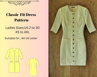 Classic Fit Dress Pattern, Summer Dress Patternclassic office dress,,Spring Dress Pattern,Women Dress Pattern , A0 A4 US Letter-US 2 to 30
