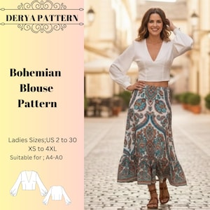 Bohemian Blouse Sewing Pattern,Tank Top Sewing,Long Sleeves,Women Dress Size:US2-30 (A0-A4-USLETTER)