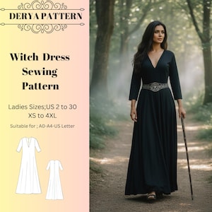 Witch Dress Sewing Pattern,Women Dress Patterns, Elvish Regency Costume ,Size:US2-30 (A0-A4-USLETTER)