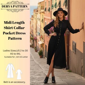 Modello di cucito per abito midi con camicia, colletto e tasche (A4 A0 US Letter) PDF