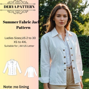 Patrón de chaqueta de tela de verano, patrón de chaqueta de mujer, patrón de chaqueta de tela sin forro, patrón de chaqueta con cuello A0 A4 Carta de EE. UU. - EE. UU. 2 a 30