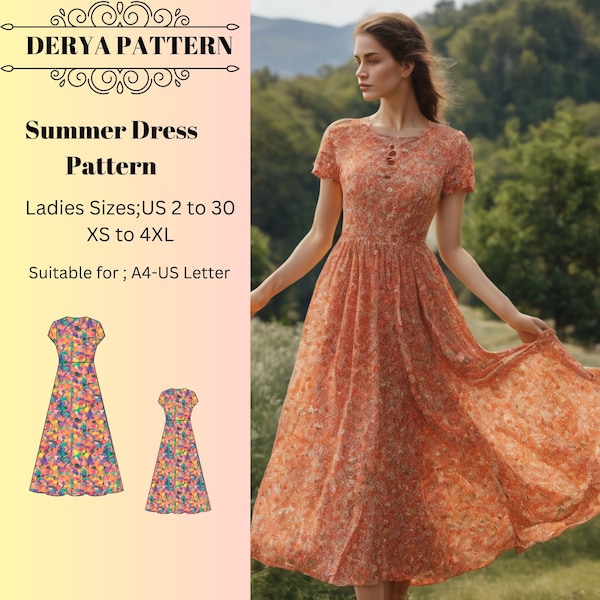 Summer Dress Pattern,Long Dress Sewing Pattern, Spring Dress Pattern,Women Dress Pattern A0 A4 US Letter-US 2 to 30