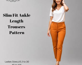 Slim Fit Ankle Trousers Sewing Pattern, High Waist Cigarette Pants PDF, US 2-30